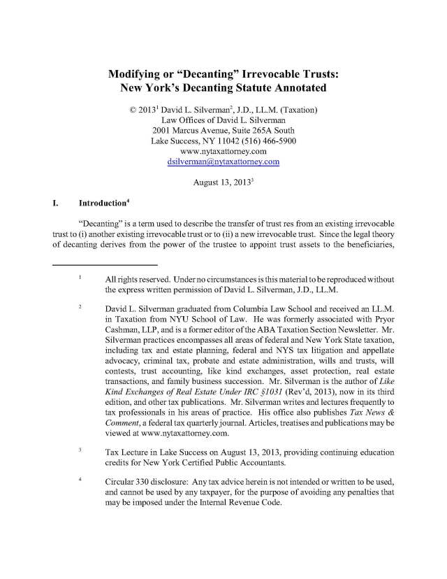 Modifying or "Decanting" Irrevocable Trusts: New York's Decanting Statute Annotated