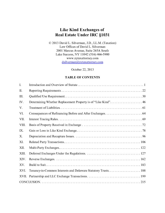 Like Kind Exchanges of Real Estate Under IRC § 1031